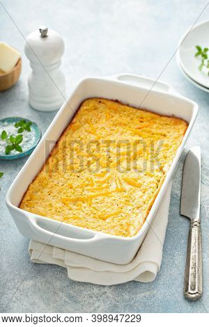 Cheesy Cornbread Freshly Baked In A Pan, Southern Food