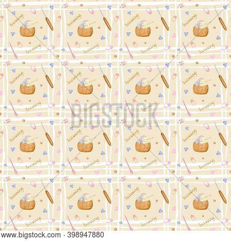 Seamless Watercolor Pattern With Knitting Tools. Crochet Hook And Needle For Knitting, Knitting Need