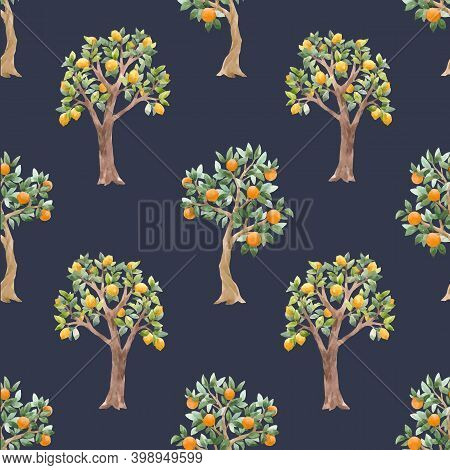 Beautiful Vector Seamless Pattern With Cute Watercolor Fruit Trees. Stock Orchard Illustration.