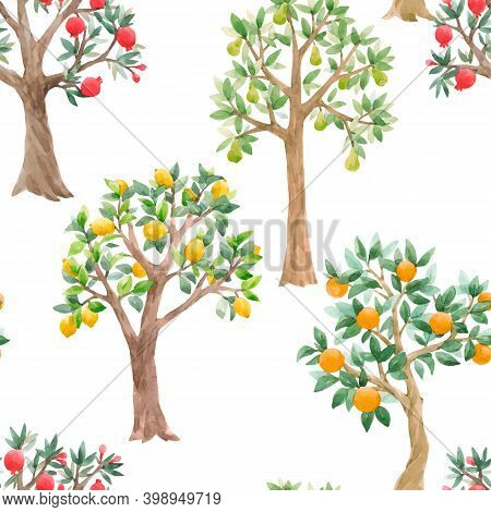 Beautiful Vector Seamless Pattern With Cute Watercolor Fruit Trees. Stock Orchard Illustration.