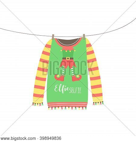 Christmas Elf Sweater Vector Illustration. Warm Cosy Cute Xmas Ugly Sweater Hanging On Clothesline. 