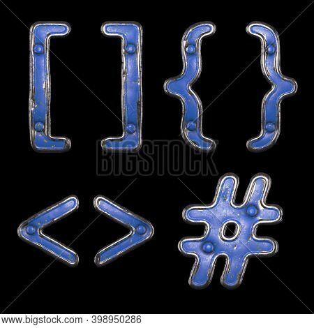 Set of symbols left and right squere bracket, left and right brace, left and right angle bracket, hash made of painted metal with blue rivets on black background. 3d rendering