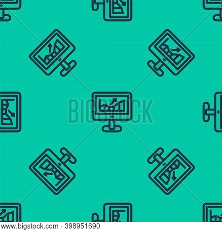 Blue Line Computer With Stocks Market Growth Graphs And Money Icon Isolated Seamless Pattern On Gree