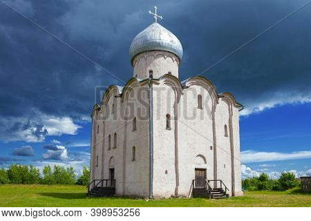 The Ancient Church Of The Savior On Nereditsa Under The Thunderstorm Sky On July Afternoon. Surround