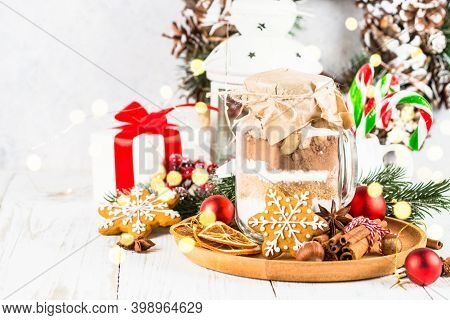 Cookies In The Jar. Ingredients For Christmas Baking. Idea For Christmas Present.