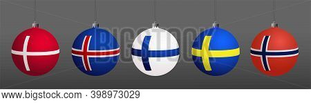 A Set Of Christmas Tree Decorations With The Image Of The Flags Of The Scandinavian Countries. Vecto