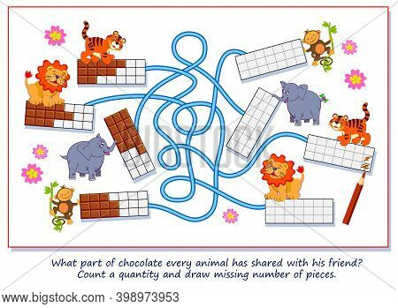 Math Education For Little Children. What Part Of Chocolate Every Animal Has Shared With His Friend? 