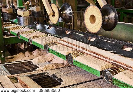 Fragment Of Sawmill Machinery Inside A Modern Lumber Mill
