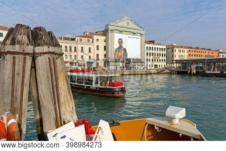 Venice, Italy - January 9, 2017: Fashion Billboard Balenciaga At Church Front In Venice, Italy.