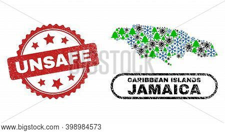 Vector Covid Christmas Collage Jamaica Map And Unsafe Rubber Stamp. Unsafe Seal Uses Rosette Shape A