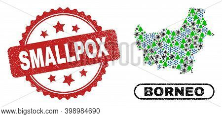 Vector Covid New Year Combination Borneo Map And Smallpox Corroded Stamp. Smallpox Stamp Uses Rosett