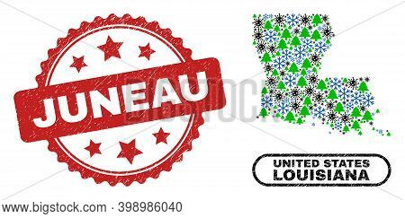Vector Covid Winter Mosaic Louisiana State Map And Juneau Unclean Stamp Seal. Juneau Seal Uses Roset