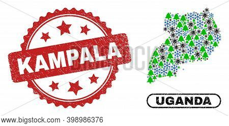 Vector Covid-2019 Christmas Composition Uganda Map And Kampala Corroded Stamp. Kampala Stamp Seal Us