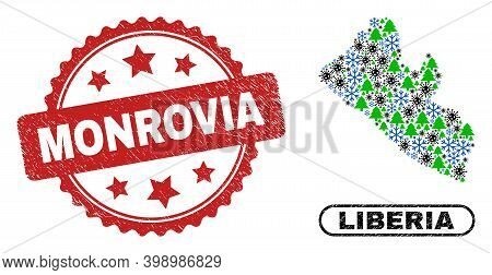 Vector Coronavirus New Year Collage Liberia Map And Monrovia Corroded Seal. Monrovia Stamp Seal Uses