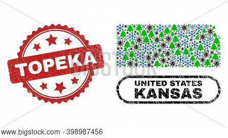 Vector Pandemic Christmas Collage Kansas State Map And Topeka Textured Stamp. Topeka Stamp Seal Uses