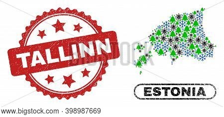 Vector Pandemic New Year Collage Estonia Map And Tallinn Textured Stamp. Tallinn Stamp Seal Uses Ros