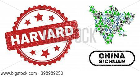 Vector Covid New Year Mosaic Sichuan Province Map And Harvard Corroded Stamp Print. Harvard Imprint 