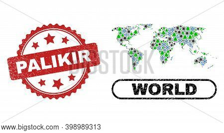 Vector Pandemic New Year Mosaic World Map And Palikir Corroded Stamp Print. Palikir Stamp Seal Uses 
