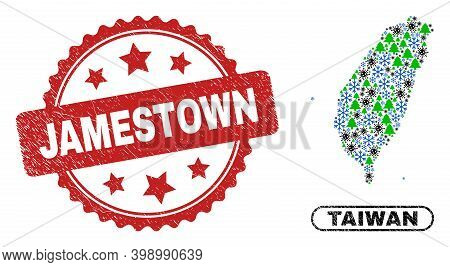 Vector Coronavirus New Year Collage Taiwan Map And Jamestown Rubber Stamp Imitation. Jamestown Water