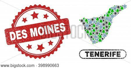 Vector Pandemic New Year Mosaic Tenerife Map And Des Moines Grunge Watermark. Des Moines Seal Uses R