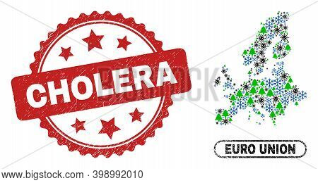 Vector Covid New Year Collage Euro Union Map And Cholera Scratched Stamp. Cholera Stamp Seal Uses Ro