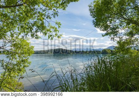View From Lake Edge Between Willow Trees Across Lake Ruataniwha, New Zealand.