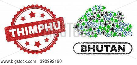 Vector Pandemic Christmas Mosaic Bhutan Map And Thimphu Grunge Seal. Thimphu Seal Uses Rosette Shape