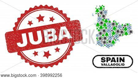 Vector Covid-2019 New Year Mosaic Valladolid Province Map And Juba Scratched Seal. Juba Seal Uses Ro