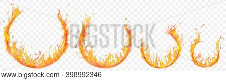 Set Of Burning Arcs In Different Sizes With Translucent Fire Flames On Transparent Background. For U