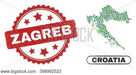 Vector Covid New Year Collage Croatia Map And Zagreb Grunge Stamp Print. Zagreb Seal Uses Rosette Sh