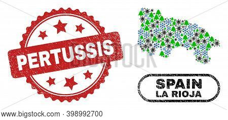 Vector Covid-2019 Christmas Mosaic La Rioja Of Spain Map And Pertussis Corroded Stamp Seal. Pertussi