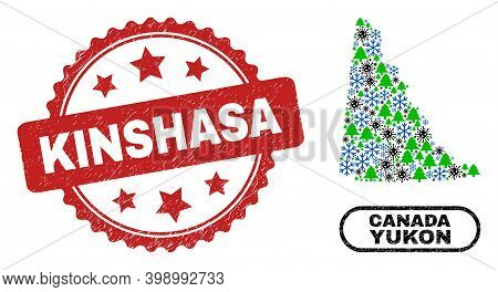 Vector Coronavirus Christmas Mosaic Yukon Province Map And Kinshasa Textured Watermark. Kinshasa Sta