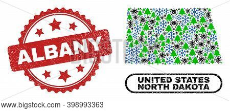 Vector Covid-2019 Winter Composition North Dakota State Map And Albany Scratched Seal. Albany Seal U