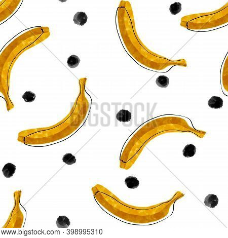 Seamless Pattern With Illustration Of Fruits, Bananas And Apple On White Background. Tropical Abstra