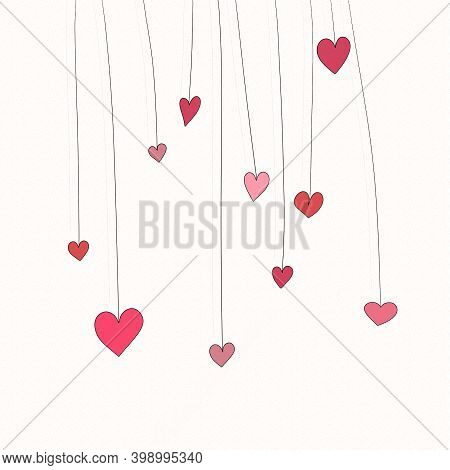 Illustration Many Red Hanging Hearts Hanging On A Ribbon. Hearts Garland Decoration. Valentines Day 