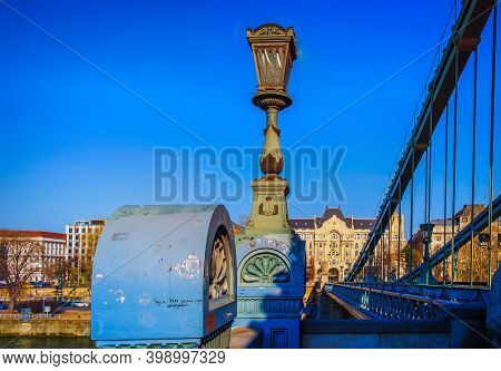 Budapest, Hungary, March 2020, Close Up Of And On The Széchenyi Chain Bridge