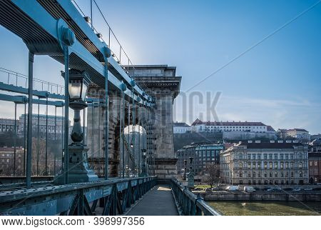 Budapest, Hungary, March 2020, Close Up Of And On The Széchenyi Chain Bridge