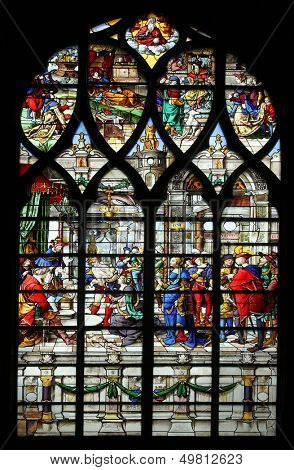 PARIS - NOV 07, 2012: Wisdom of Solomon: Judgement of Solomon, stained glass, church is dedicated Gervasius and Protasius is one of the oldest in Paris, Paris on Nov 07, 2012