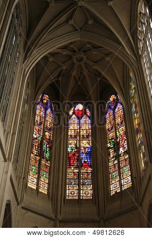 PARIS, FRANCE - NOV 07, 2012: Stained glass, church is dedicated Gervasius and Protasius is one of the oldest in Paris. Known for its richly painted stained glass, Paris on Nov 07, 2012