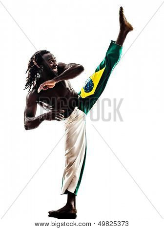 one brazilian  black man dancer dancing capoiera on white background