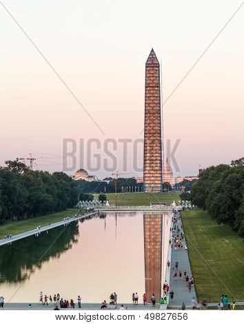 Washington Monument Reflecting At Night