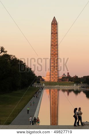Washington Monument Reflecting At Night