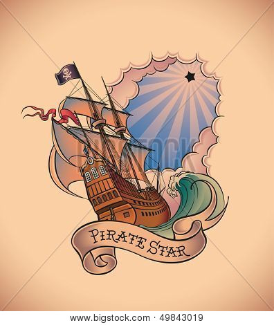 Old-school styled tattoo of a pirate ship on the background of a shining black star and a banner. Raster image. Check my portfolio for an editable version. 