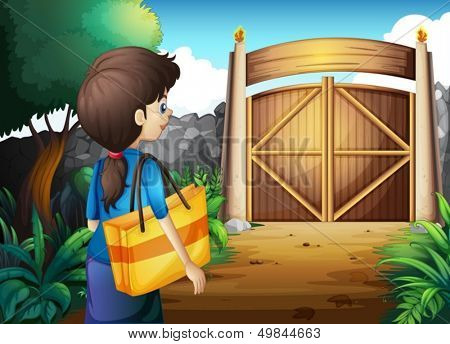 Illustration of a woman with a bag walking towards the gate