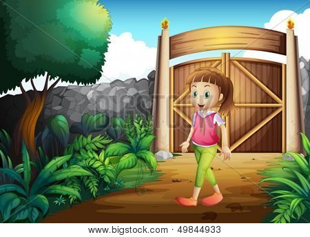 Illustration of a young girl at the gated yard
