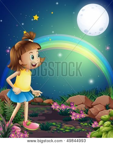Illustration of a kid amazed by the sight of the rainbow and the fullmoon