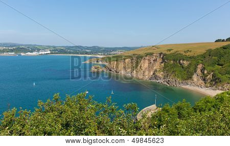 View from Polkerris Cornwall England to Par beach on a beautiful summer day