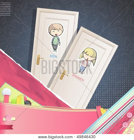 Toilet Doors Over Vintage Background. Vector Design.