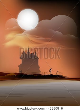 Scary Halloween moonlight night background with haunted house, can be use as flyer, banner or poster, 