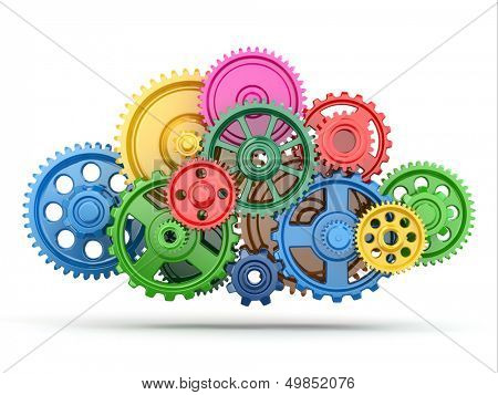 Perpetuum mobile. Color gears on white isolated background. 3d